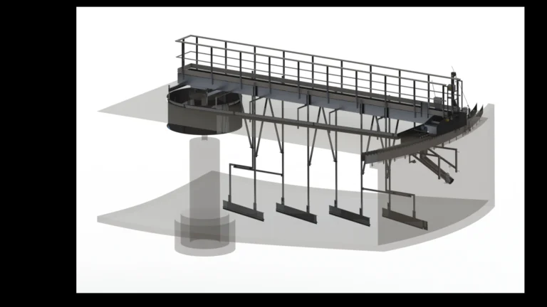 Clarificateur raclé BIOTRADE avec pont radial pour bassin circulaire de traitement.