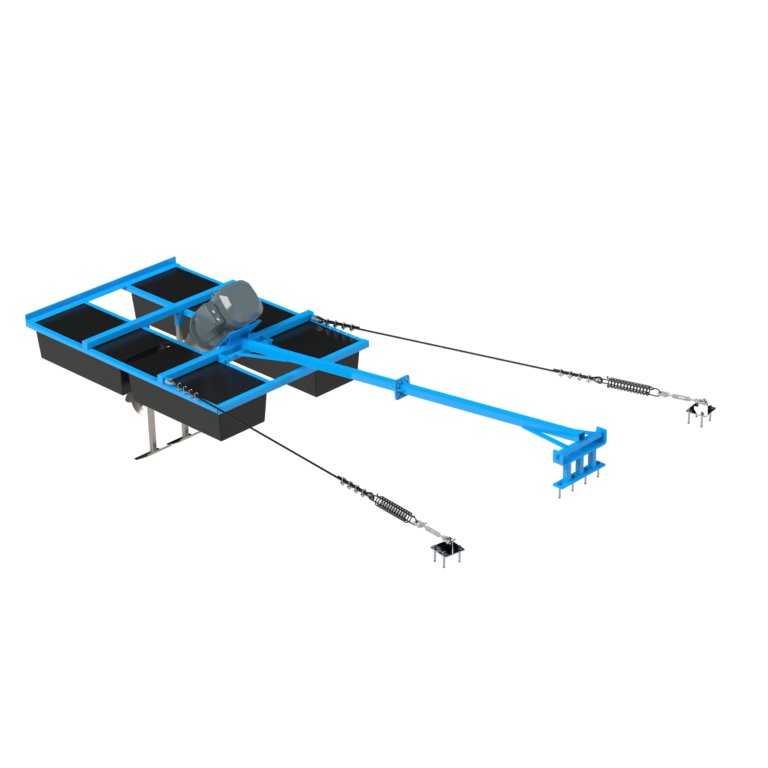Rendu produit de l'aérateur flottant AIRFLOW avec flotteurs, tuyère et système d'amarrage.
