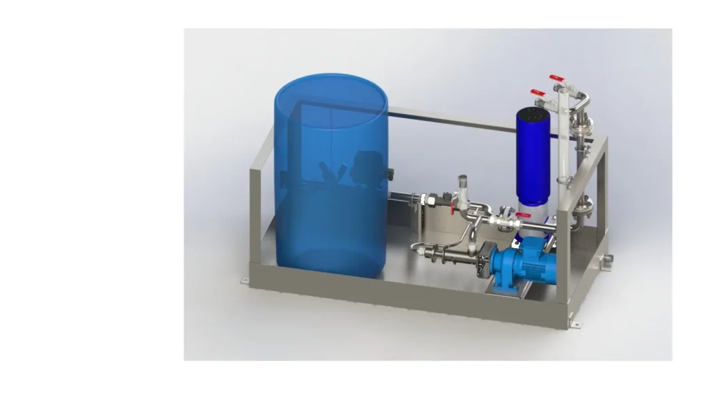 Rendu 3D isométrique du système de préparation de polymère Biotrade avec cuve transparente bleue, pompe doseuse et colonne de mélange