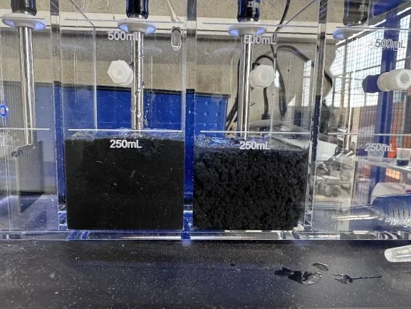 Deux éprouvettes de 500 mL montrant la comparaison des boues liquides et des boues déshydratées après traitement Biotrade