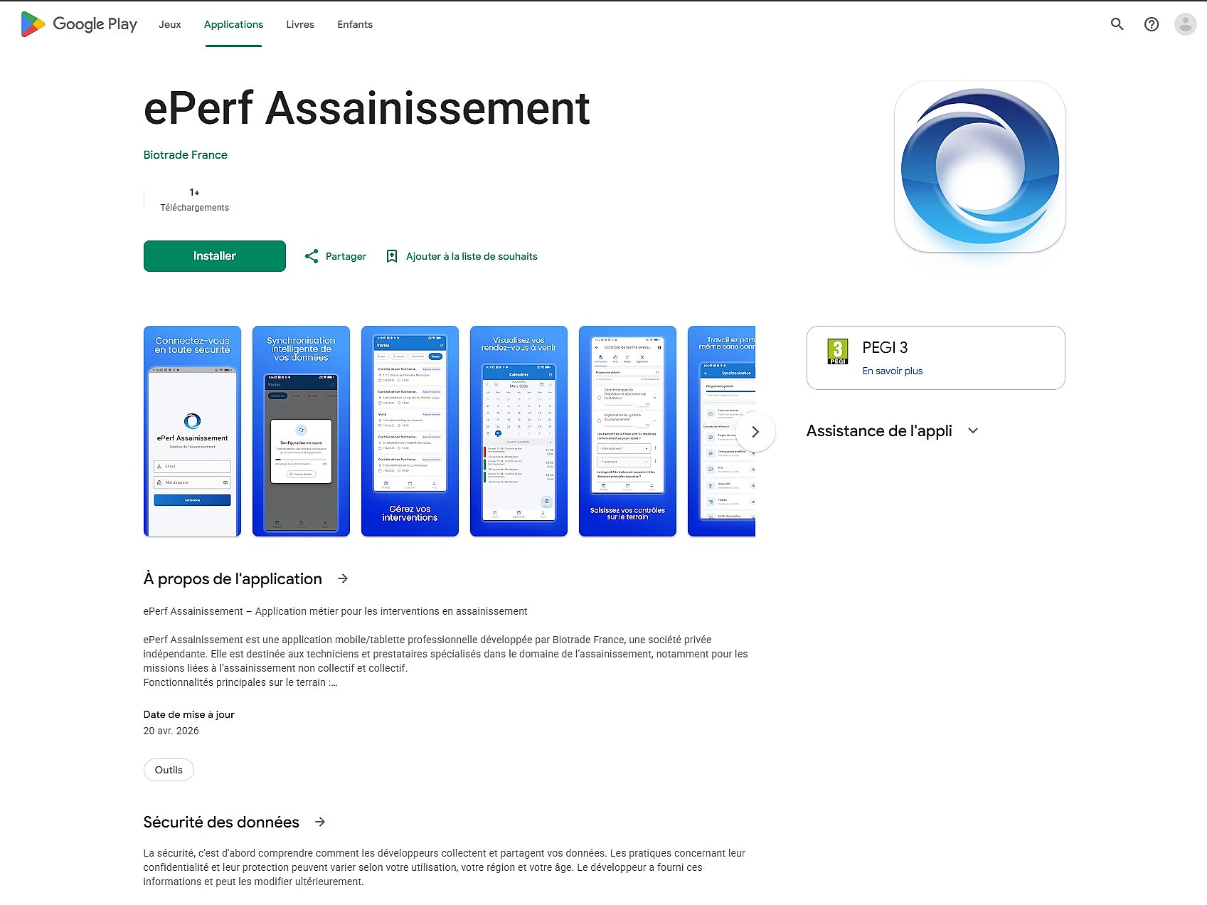 Capture d'écran de la page Google Play de l'application ePerf Assainissement développée par Biotrade France, avec captures d'écran de l'interface mobile