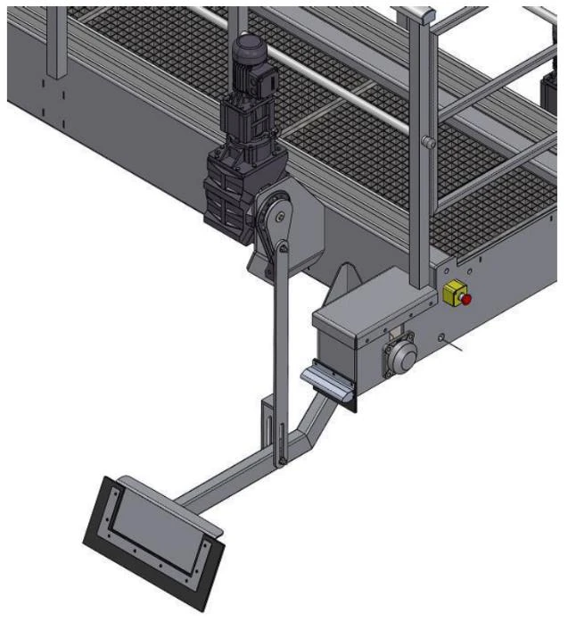 Vue 3D du mécanisme de raclage de surface du pont baladeur Biotrade avec bras articulé, raclette et motoréducteur de relevage