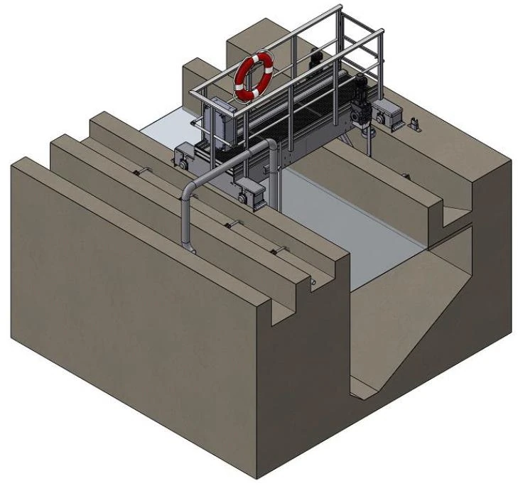 Vue 3D isométrique du pont baladeur Biotrade installé sur un ouvrage de décantation en béton avec passerelle de service et bouée de sécurité