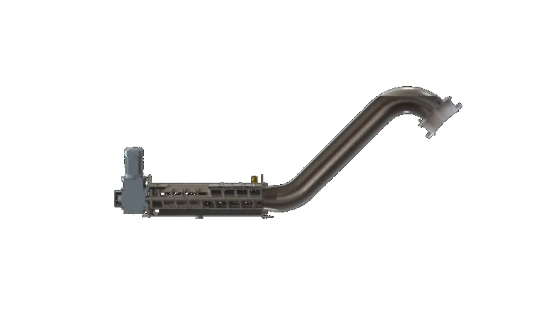 Rendu 3D de profil de la vis compacteur laveur CVL Biotrade avec corps horizontal, coude de sortie incurvé et motoréducteur