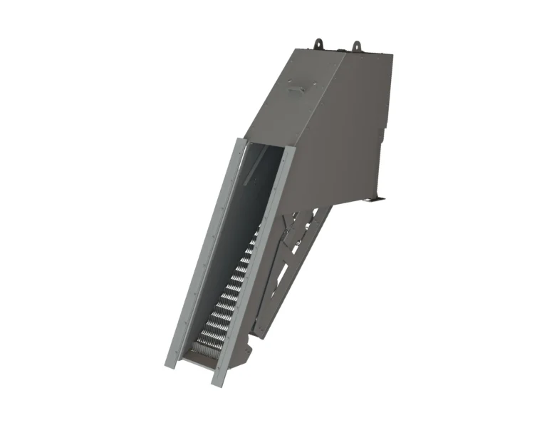 Rendu 3D isométrique du dégrilleur escalier BioScreen DGE Biotrade avec capot ouvert révélant les barreaux et la structure de support